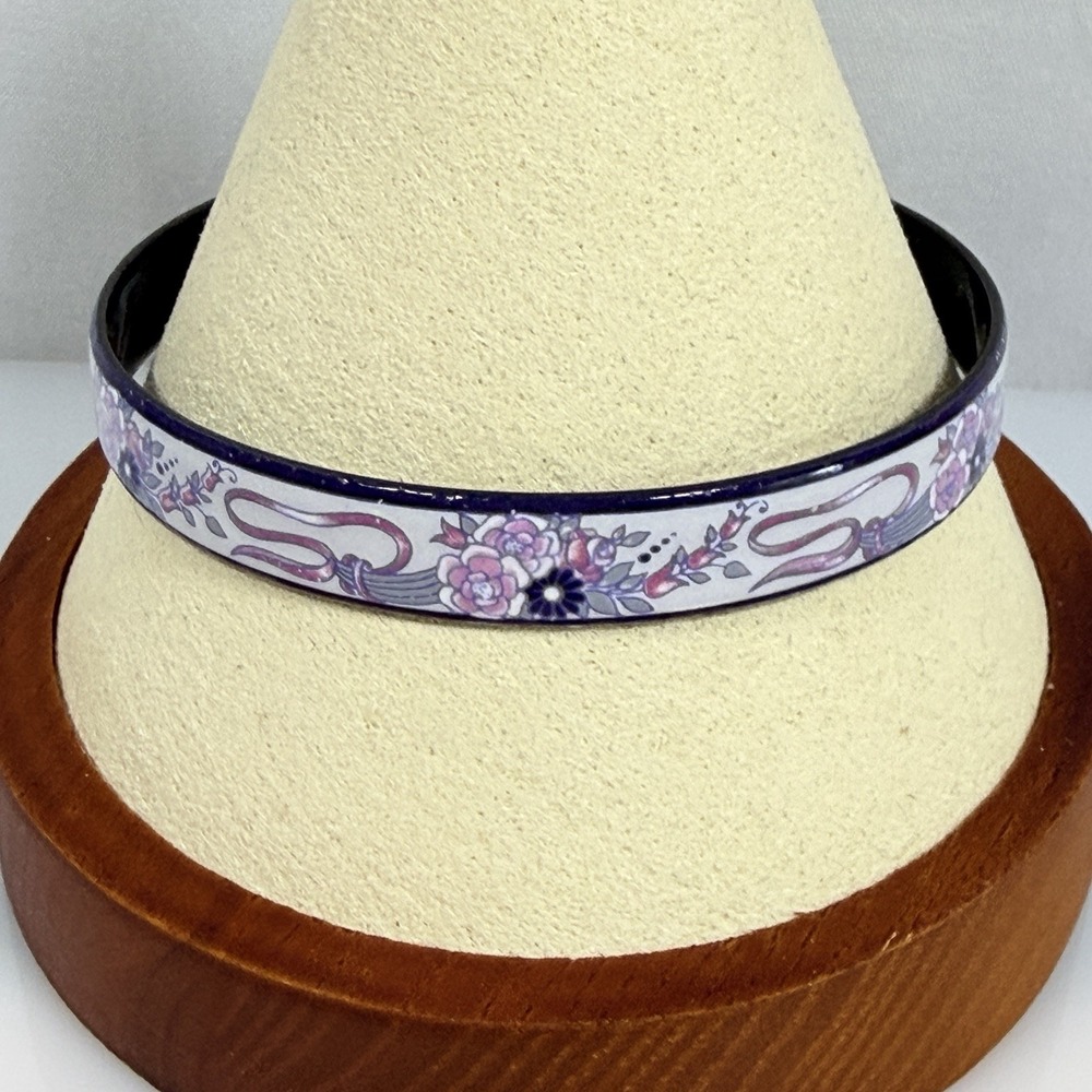 Vintage Michaela Frey Enamel Bangle Bracelet Flower Ribbons Lavender Purple 7.75